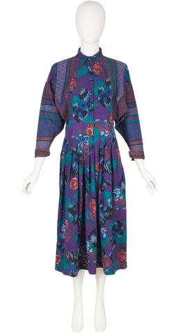 1980s Floral Cotton Dolman Sleeve Collared Dress