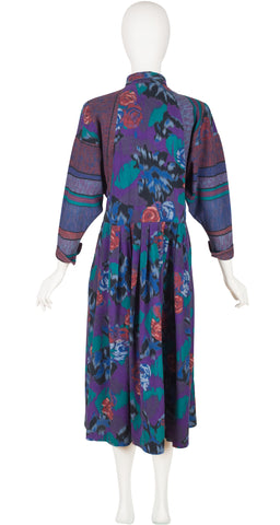 1980s Floral Cotton Dolman Sleeve Collared Dress