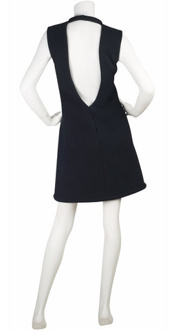 1960s Space Age Backless Black Wool Shift Dress