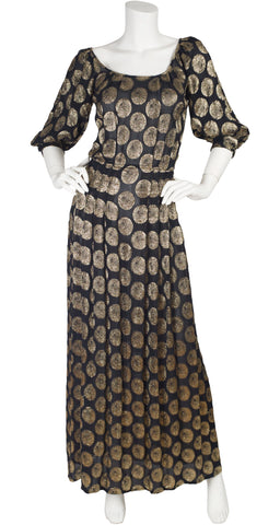 1970s Gold Lurex & Black Chiffon Pleated Gown