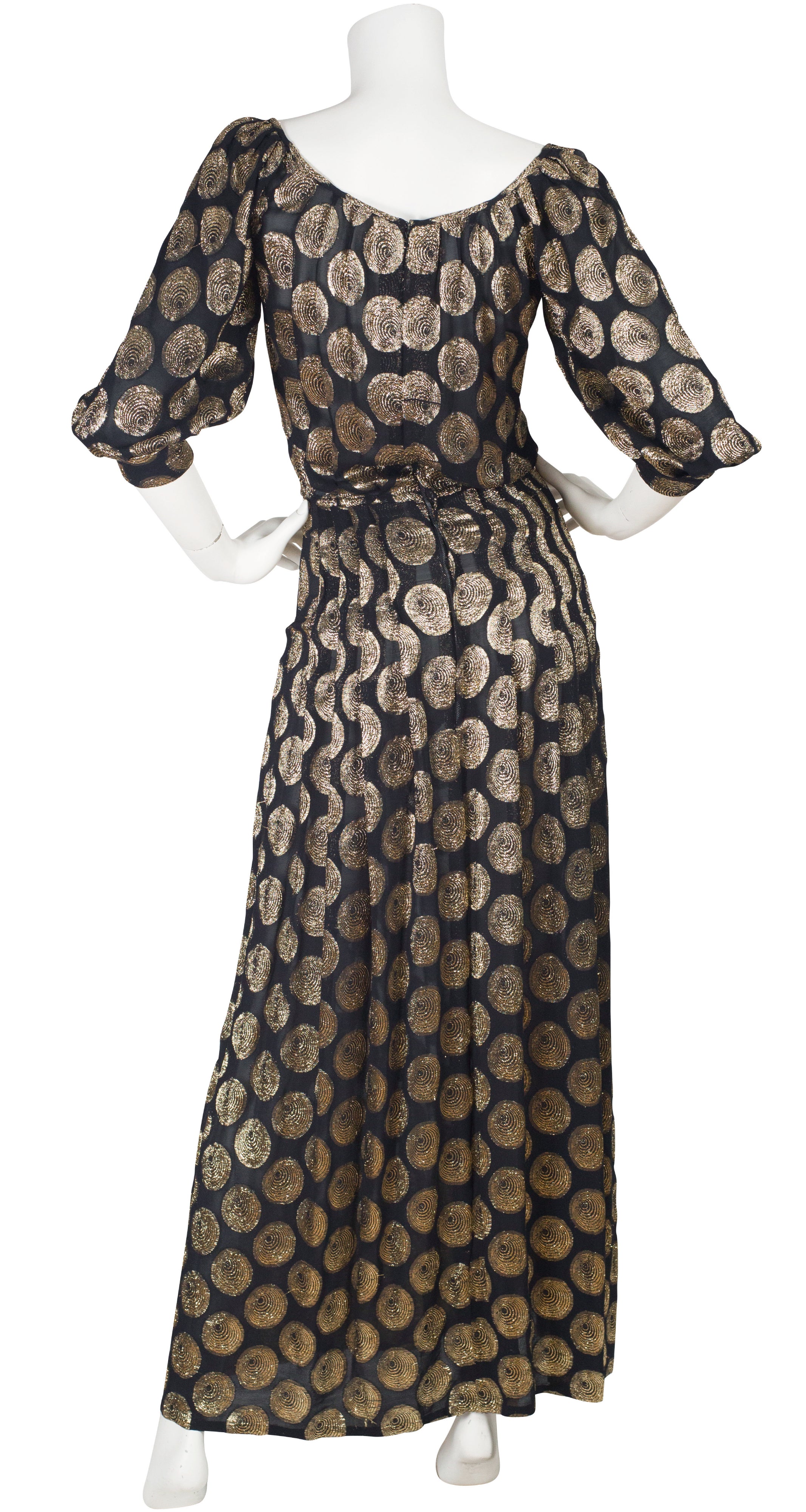 Salina de Costa 1970s Gold Lurex & Black Chiffon Pleated Gown Featherstone Vintage Salina de Costa 1970s Gold Lurex & Black Chiffon Pleated Gown Featherstone Vintage