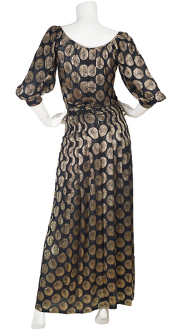 1970s Gold Lurex & Black Chiffon Pleated Gown