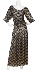 1970s Gold Lurex & Black Chiffon Pleated Gown