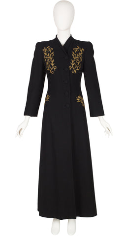 1940s Metallic Soutache Black Wool Full Length Coat