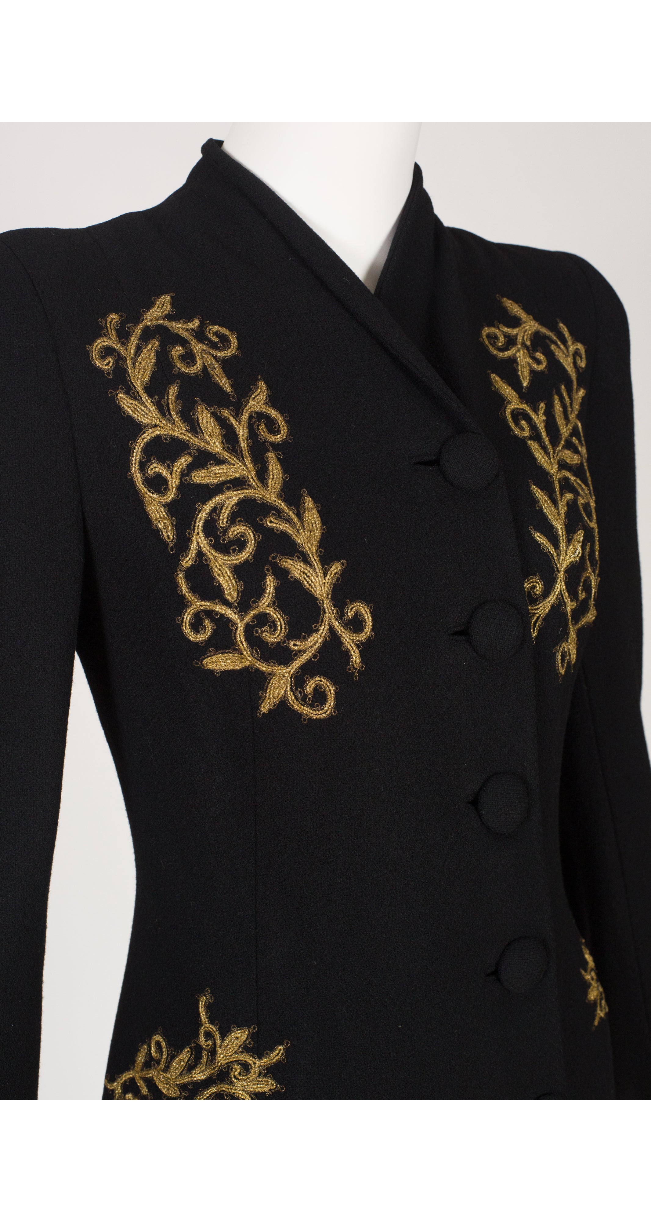1940s Metallic Soutache Black Wool Full Length Coat