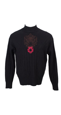 1980s Men's Embroidered Emblem Black Wool Turtleneck Sweater