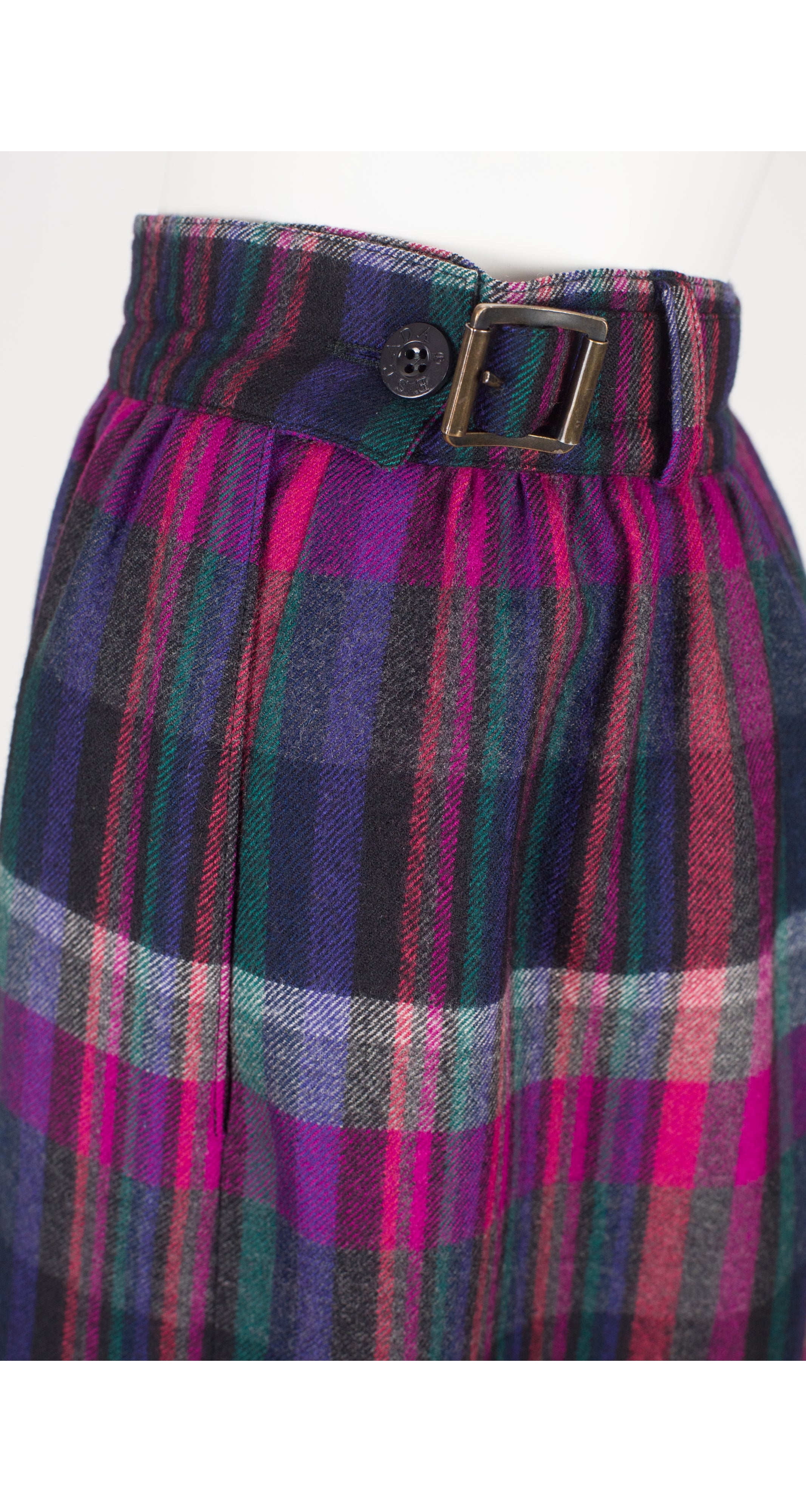 1980s Plaid Wool High-Waisted Buckle Skirt