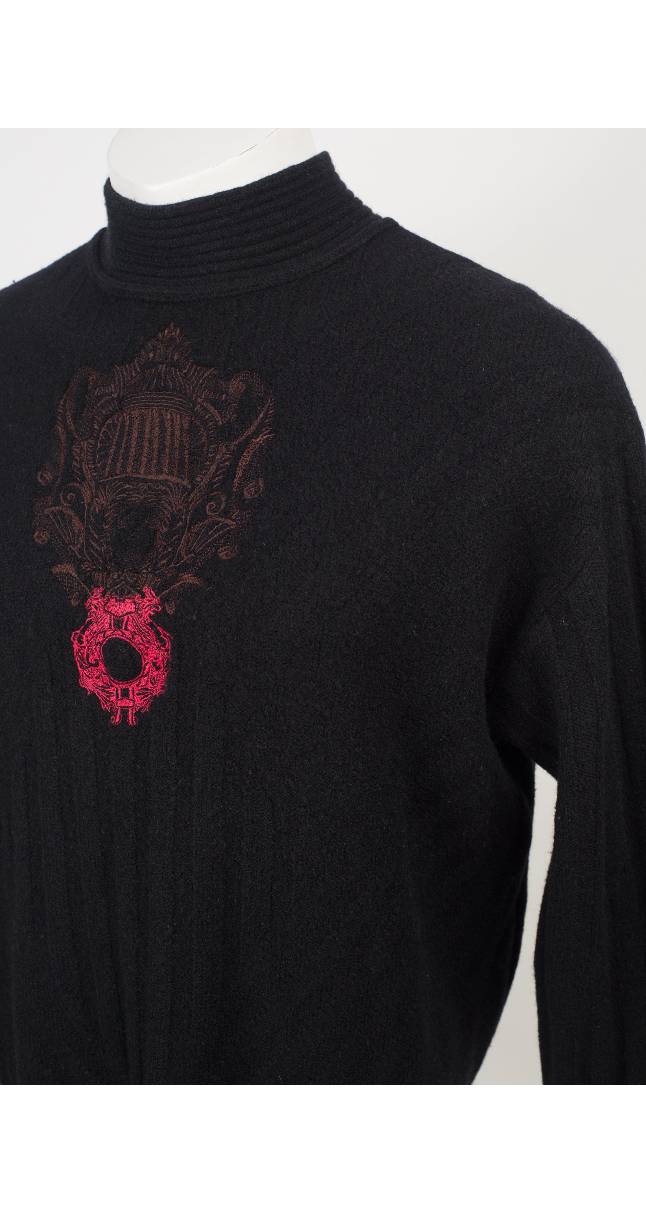 1980s Men's Embroidered Emblem Black Wool Turtleneck Sweater