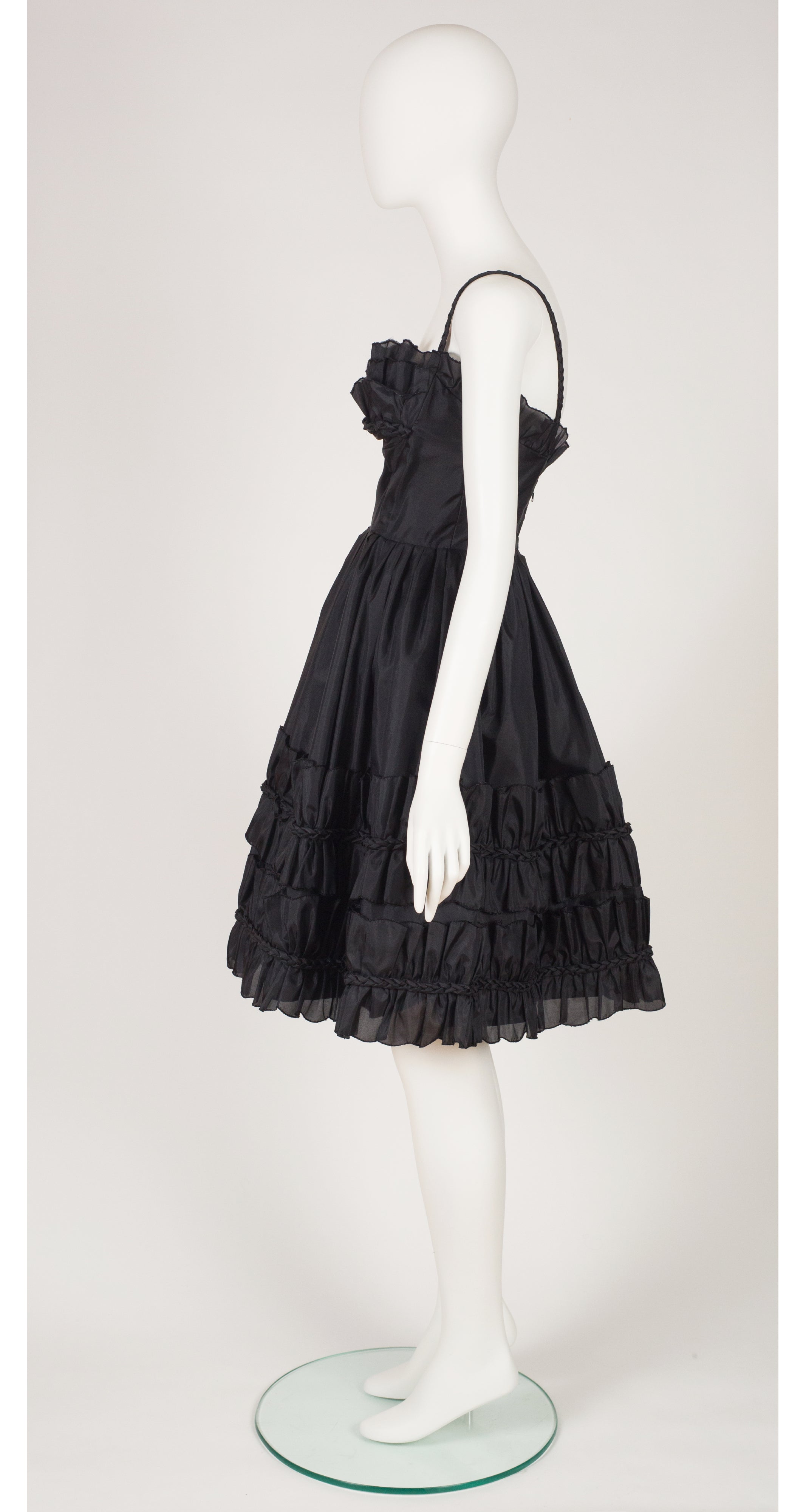 1950s Braided Ruffle Black Organza Cocktail Dress
