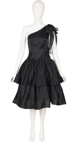 1979 Documented Black Silk Organza Ruffle Cocktail Dress