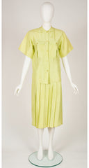 1980s Pastel Chartreuse Raw Silk Top & Pleated Skirt Set