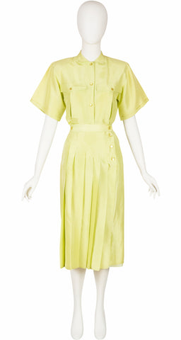 1980s Pastel Chartreuse Raw Silk Top & Pleated Skirt Set