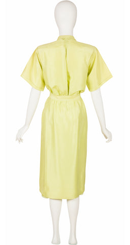 1980s Pastel Chartreuse Raw Silk Top & Pleated Skirt Set