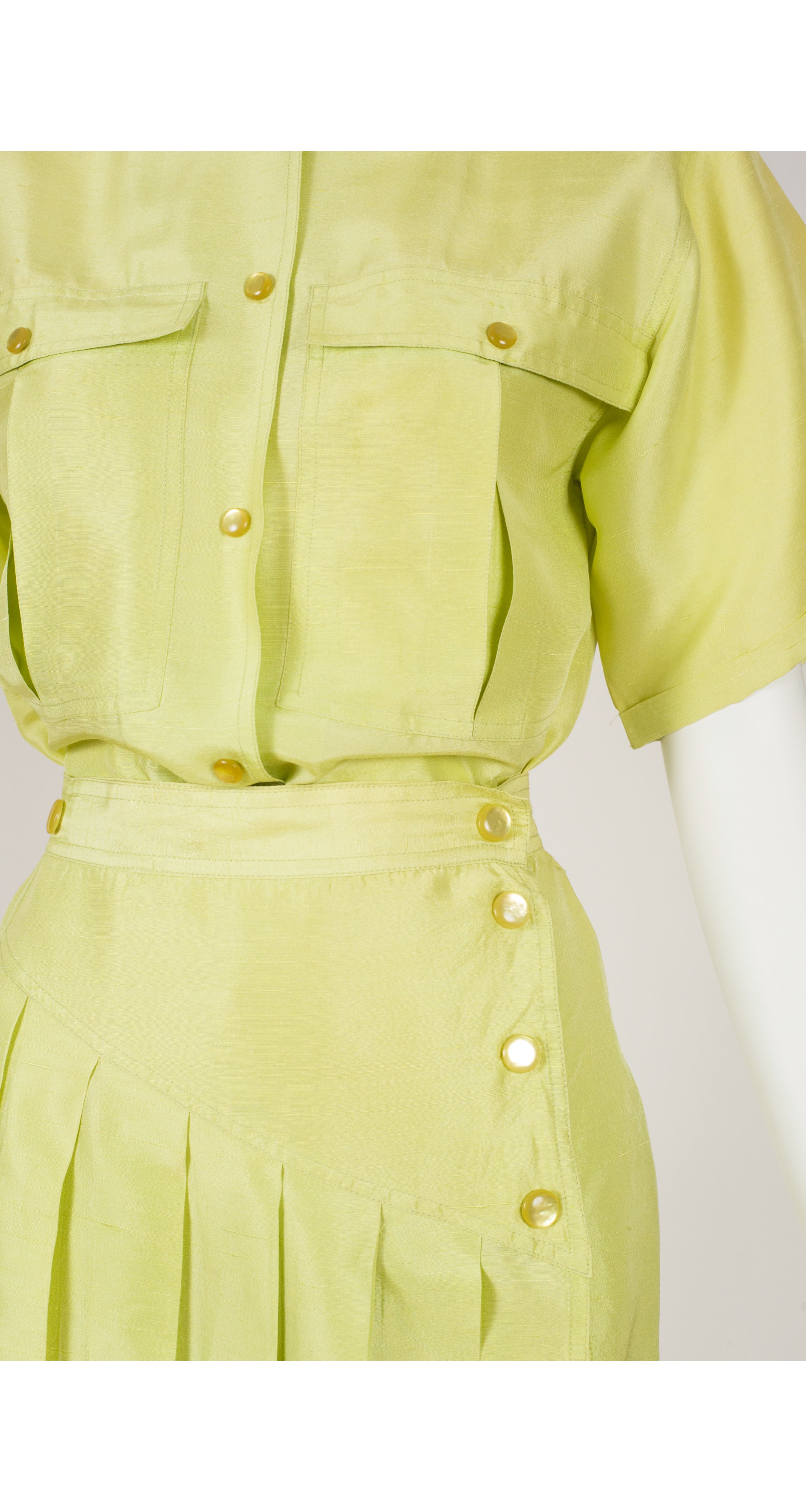 1980s Pastel Chartreuse Raw Silk Top & Pleated Skirt Set