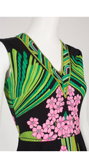 1970s Green & Pink Floral Black Jersey Sleeveless Dress