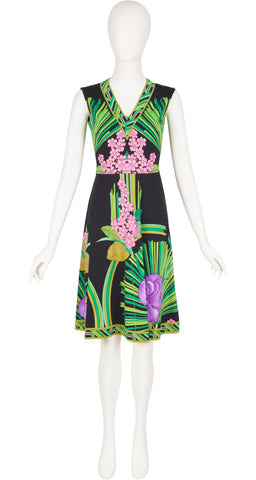 1970s Green & Pink Floral Black Jersey Sleeveless Dress