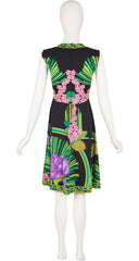 1970s Green & Pink Floral Black Jersey Sleeveless Dress