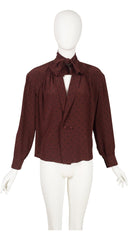 1980s Patterned Mahogany Silk Tie-Neck Blouse