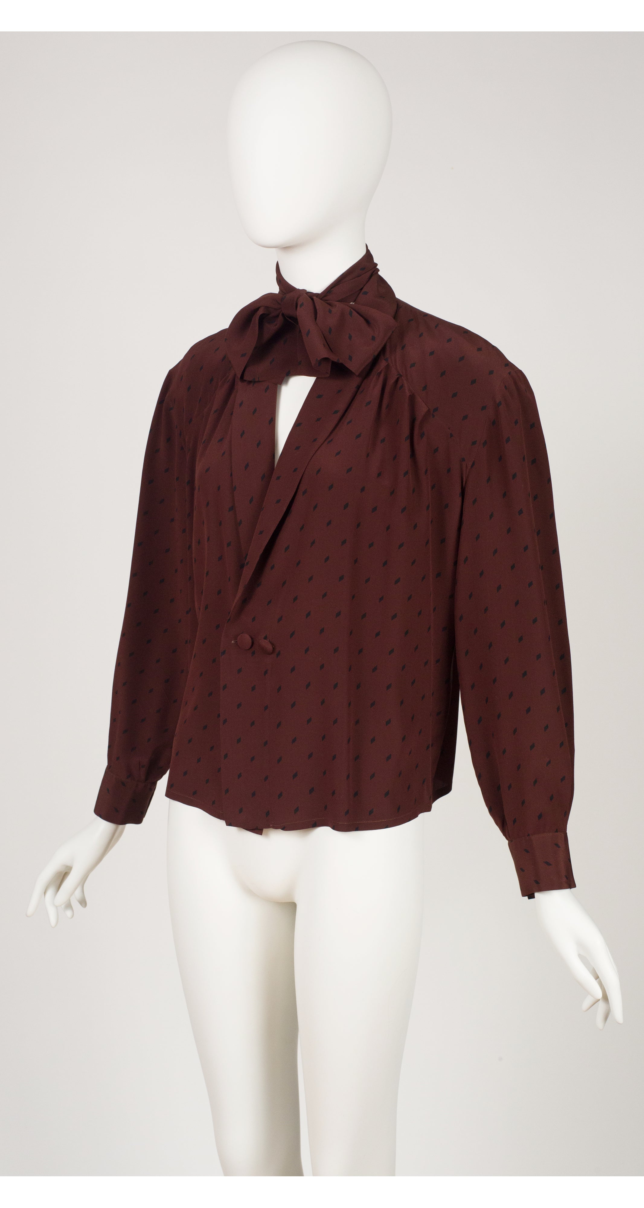 1980s Patterned Mahogany Silk Tie-Neck Blouse