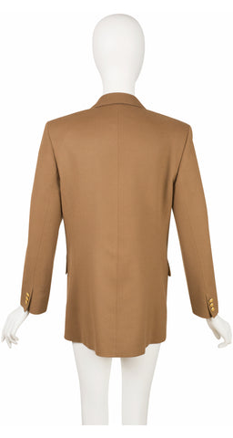 Camel Wool Double-Breasted Gold Button Blazer