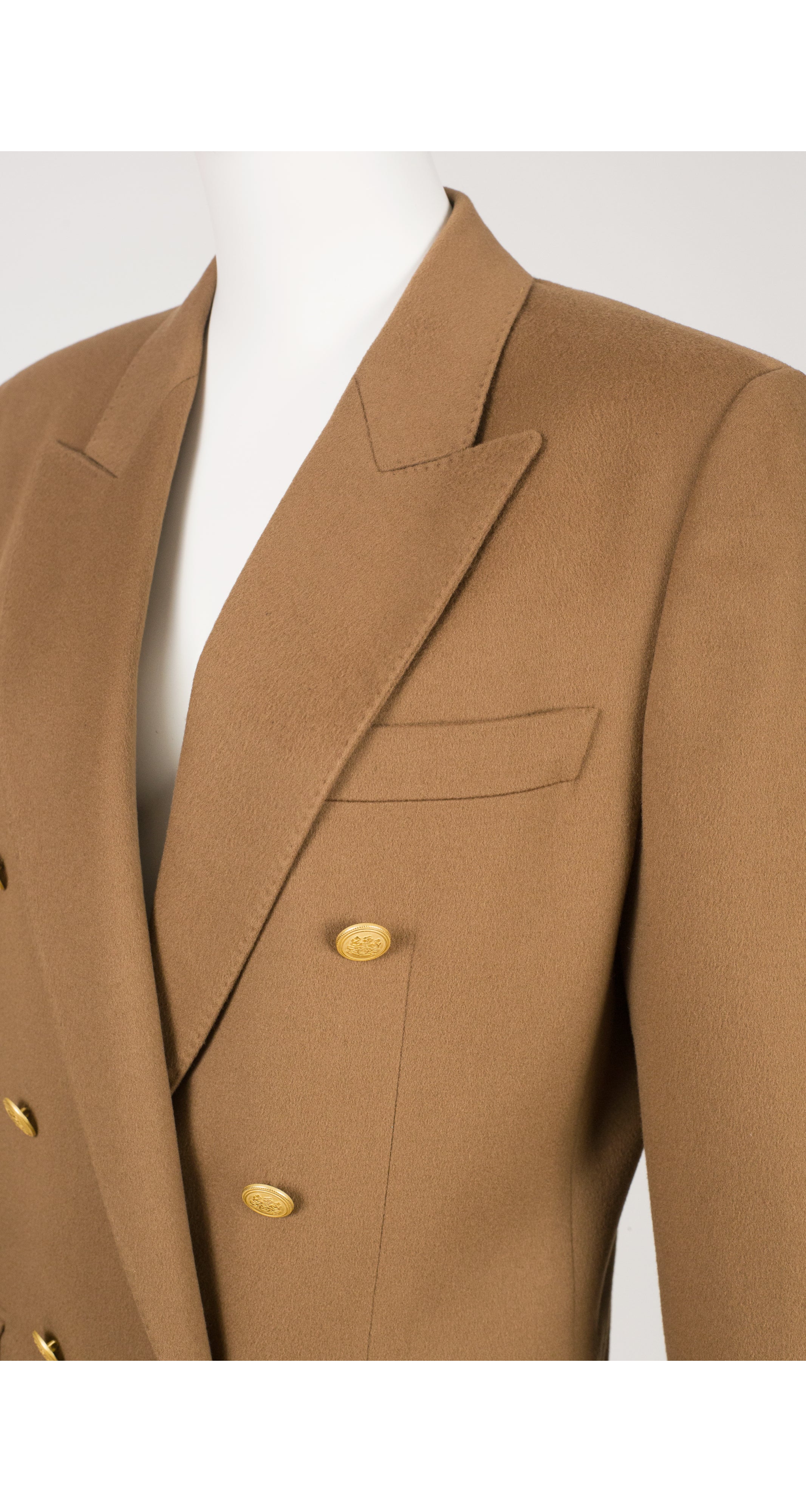 Camel Wool Double-Breasted Gold Button Blazer