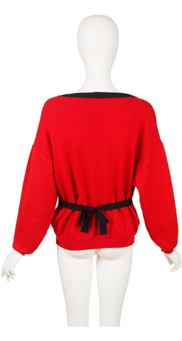 1980s Red Wool Tie-Back V-Neck Cardigan