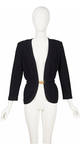 1980s Black Ribbed Alpaca Gold Buckle Cardigan