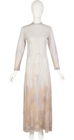 1970s Silver Lurex Long Sleeve Maxi Dress