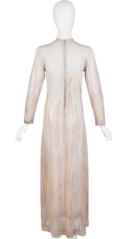 1970s Silver Lurex Long Sleeve Maxi Dress