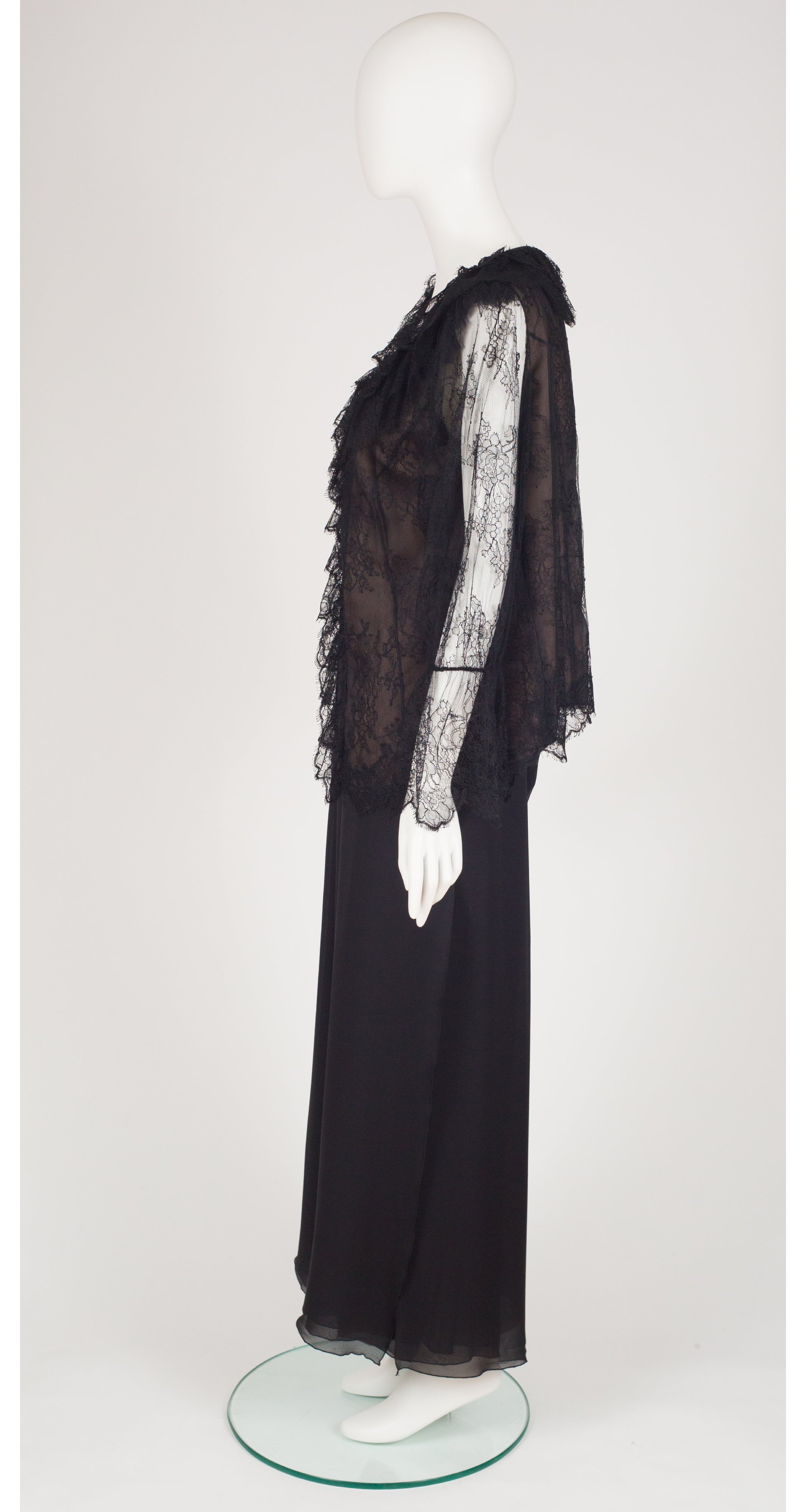 1980s Black Chantilly Lace & Silk Chiffon Three-Piece Outfit