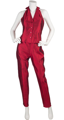 1990s Red Raw Silk Halter Pant Suit