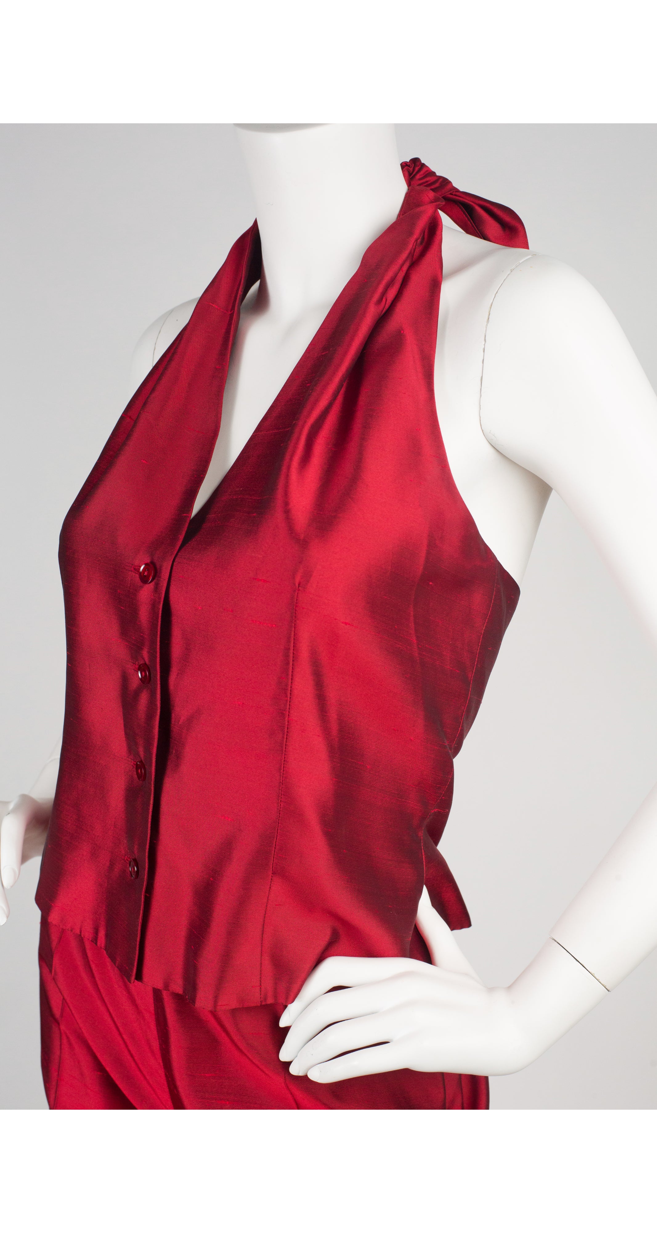1990s Red Raw Silk Halter Pant Suit