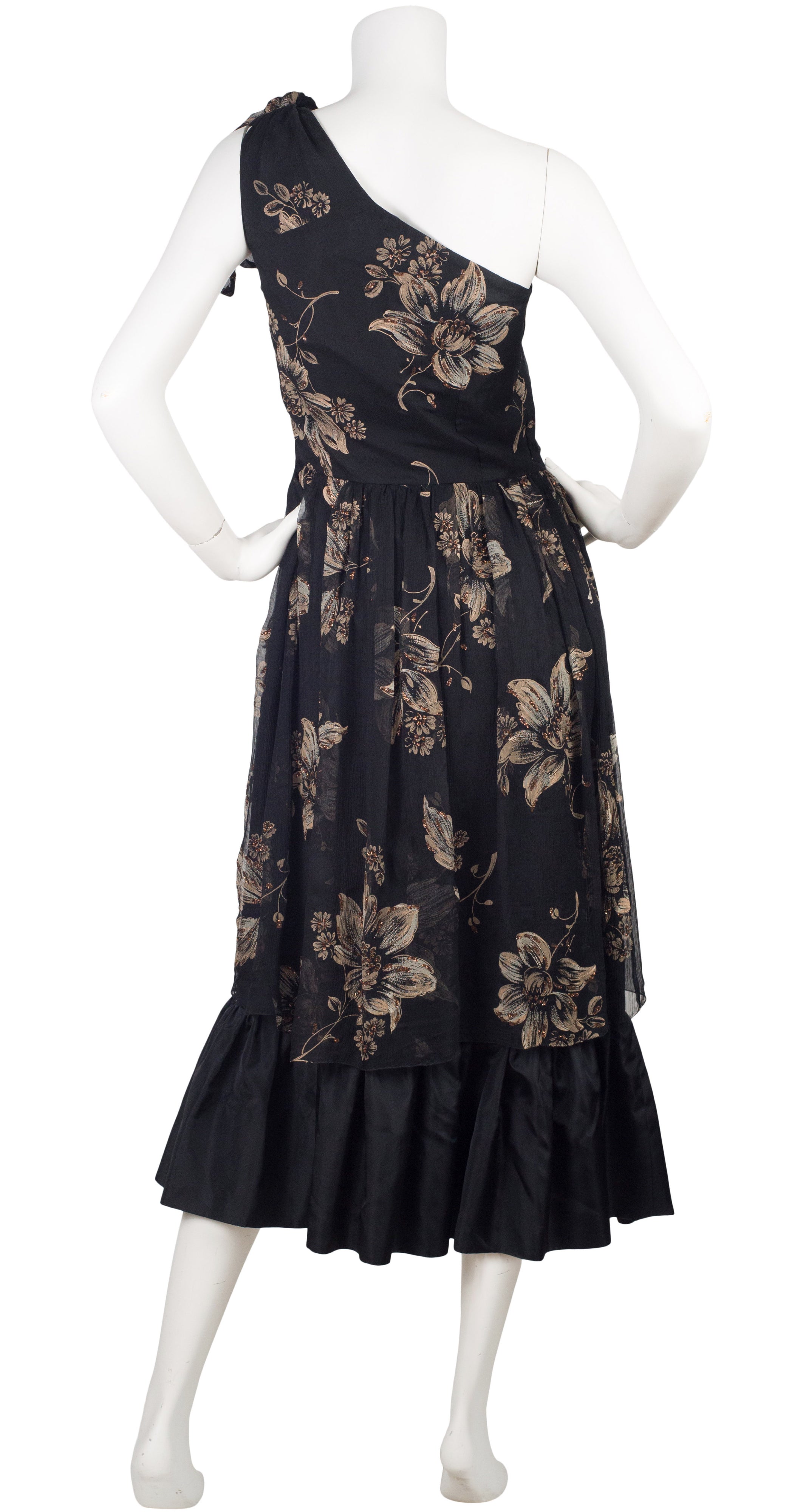 1970s Silk Chiffon One-Shoulder Evening Dress