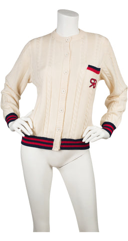 1970s Varsity Cream Cable Knit Cardigan