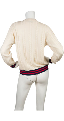 1970s Varsity Cream Cable Knit Cardigan