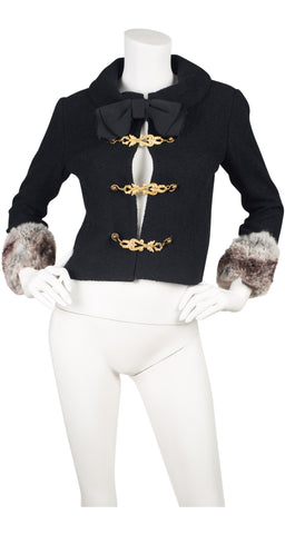 1960s Black Bouclé Wool Fur Cuff Jacket