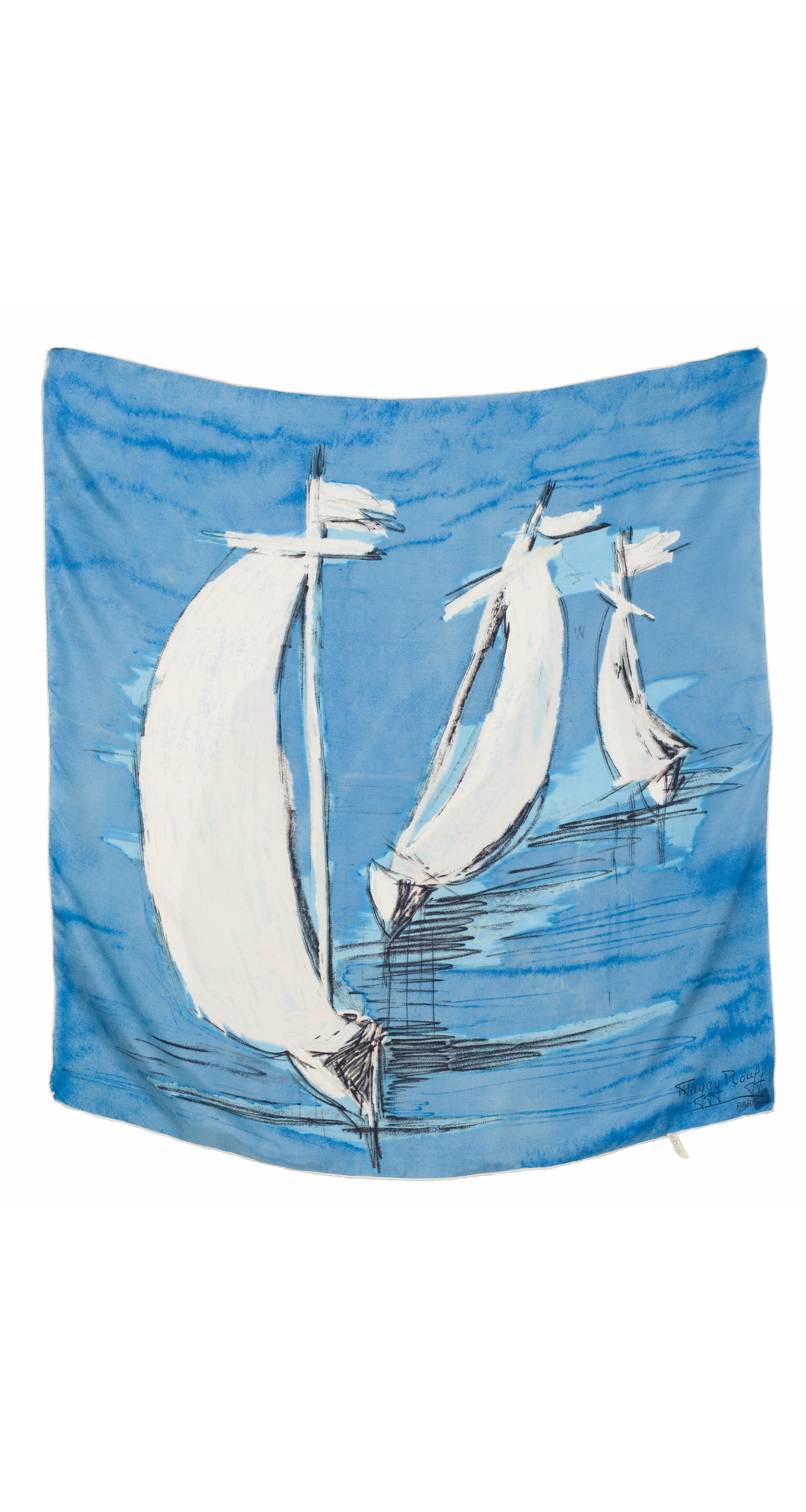 1950s Sailboat Print Blue Silk Twill Scarf