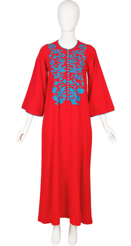 1970s Bird Embroidered Orange Cotton Caftan