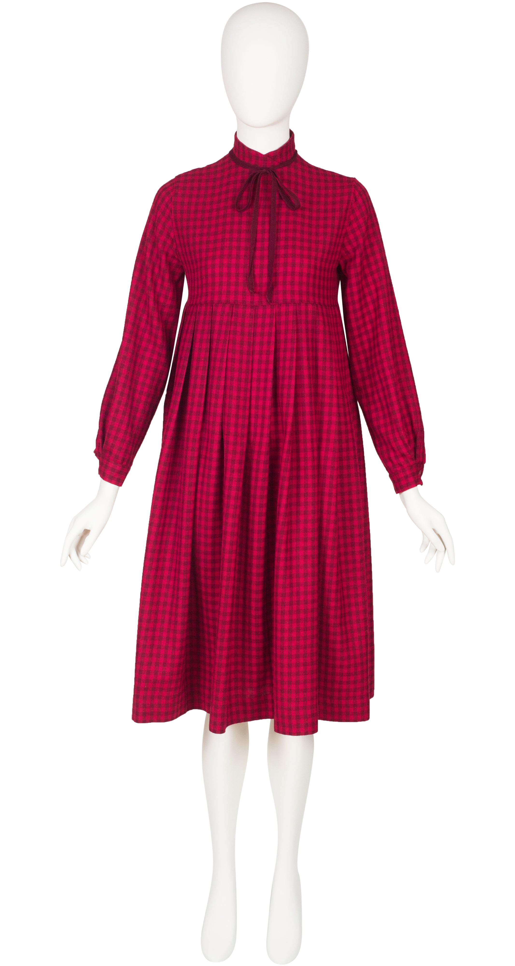 1980s Red Plaid Wool Empire Waist Pleated Dress