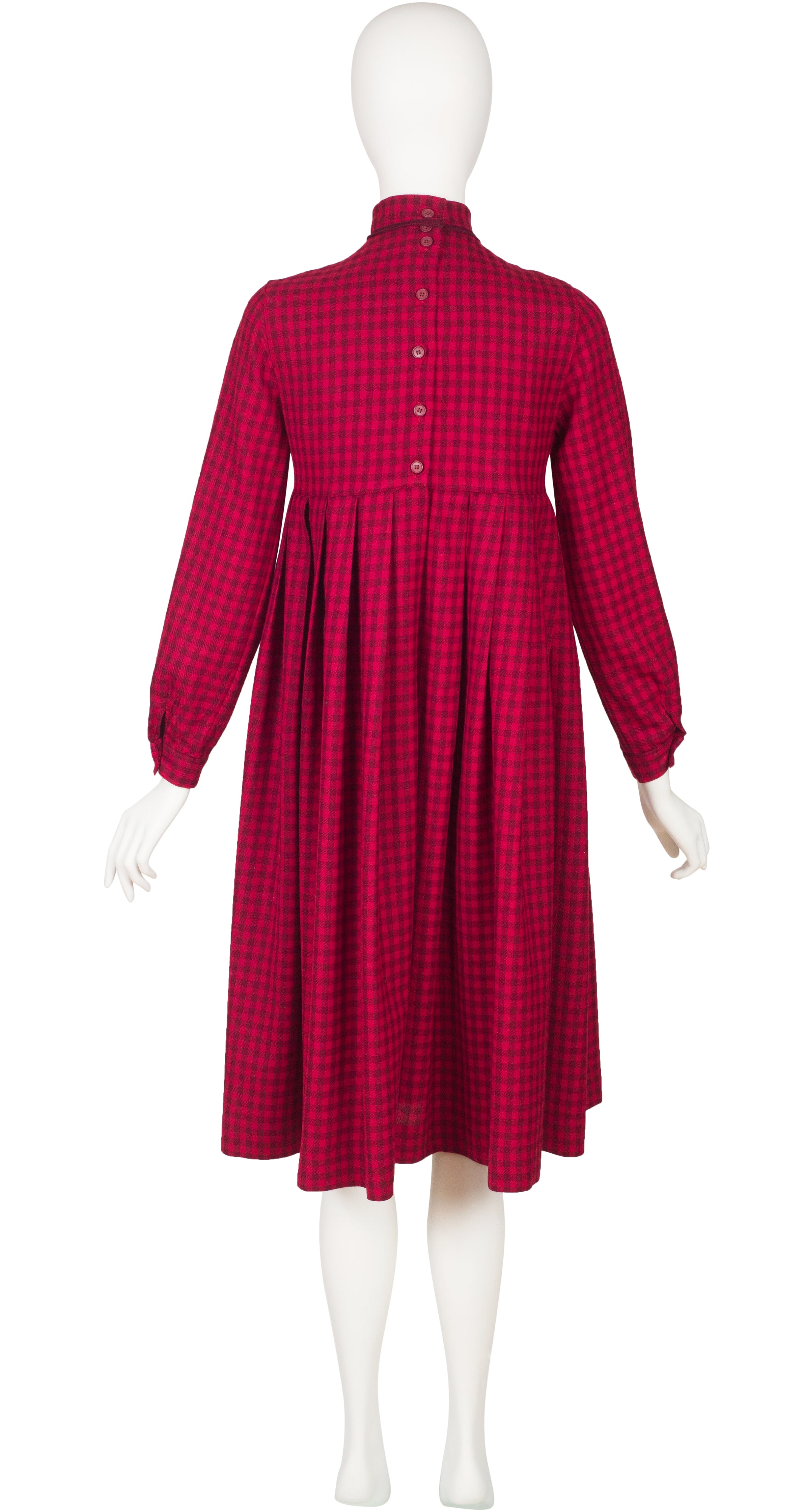 1980s Red Plaid Wool Empire Waist Pleated Dress