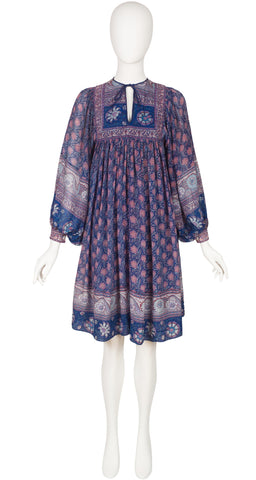 1970s Indian Tissue Silk Billowing Sleeve Dress