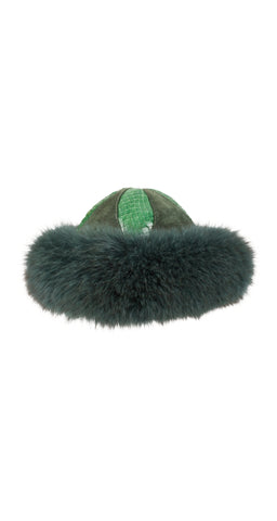 1980s Dark Green Snakeskin Suede Fox Fur Brim Hat