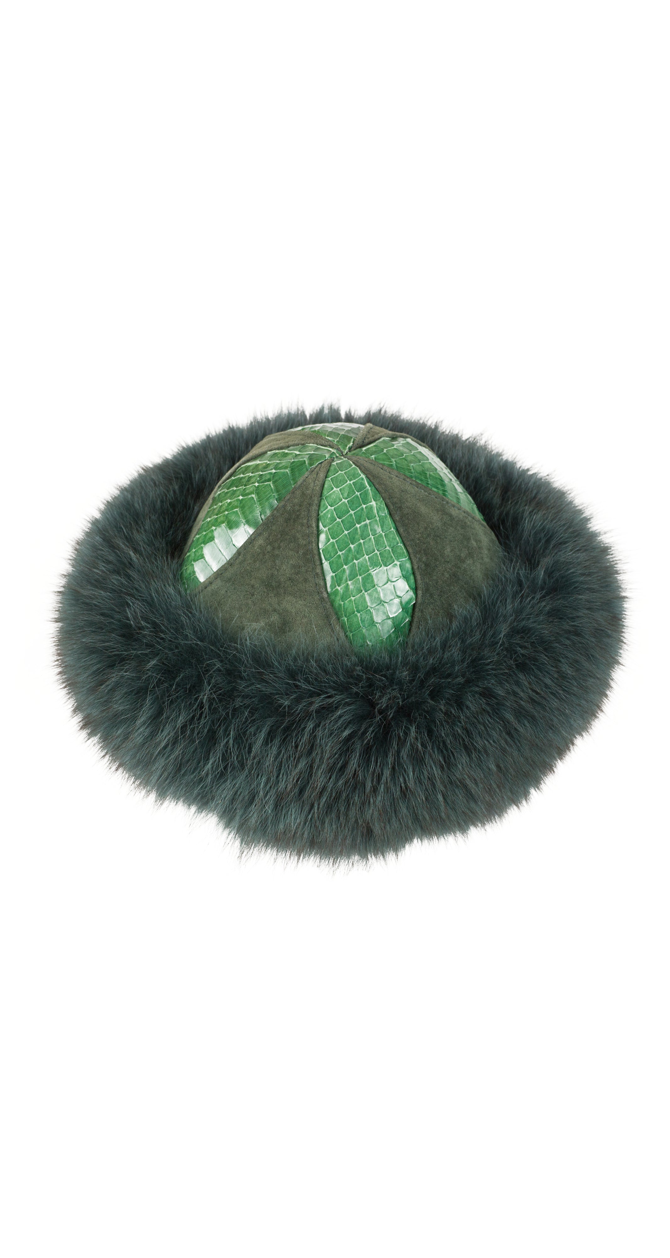 1980s Dark Green Snakeskin Suede Fox Fur Brim Hat