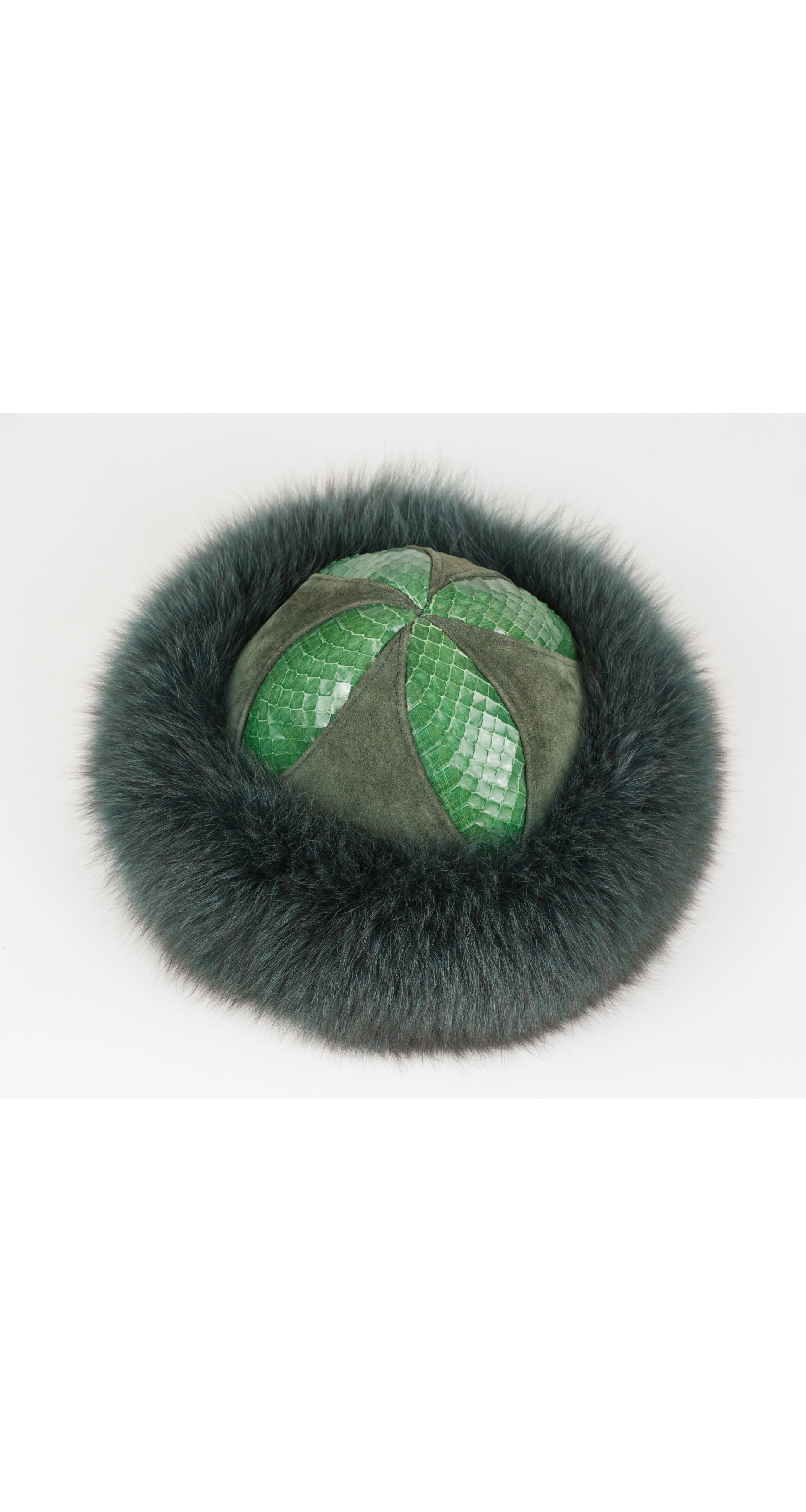 1980s Dark Green Snakeskin Suede Fox Fur Brim Hat