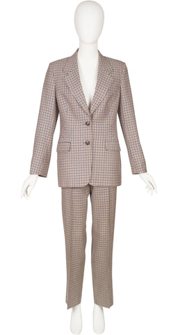 Plaid Beige Wool Two-Button Blazer Pant Suit