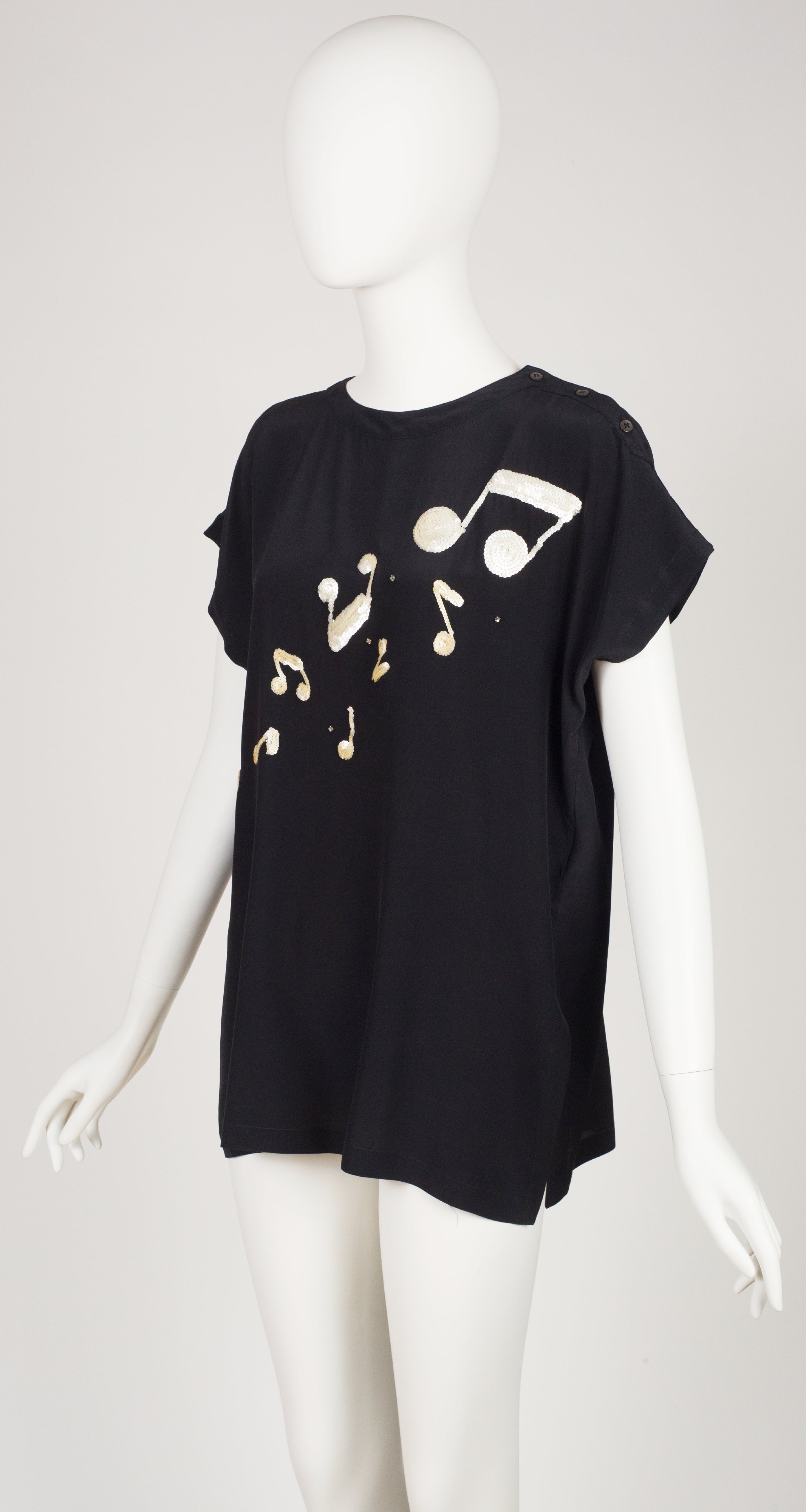 1980s Sequin Musical Note Black Silk Top
