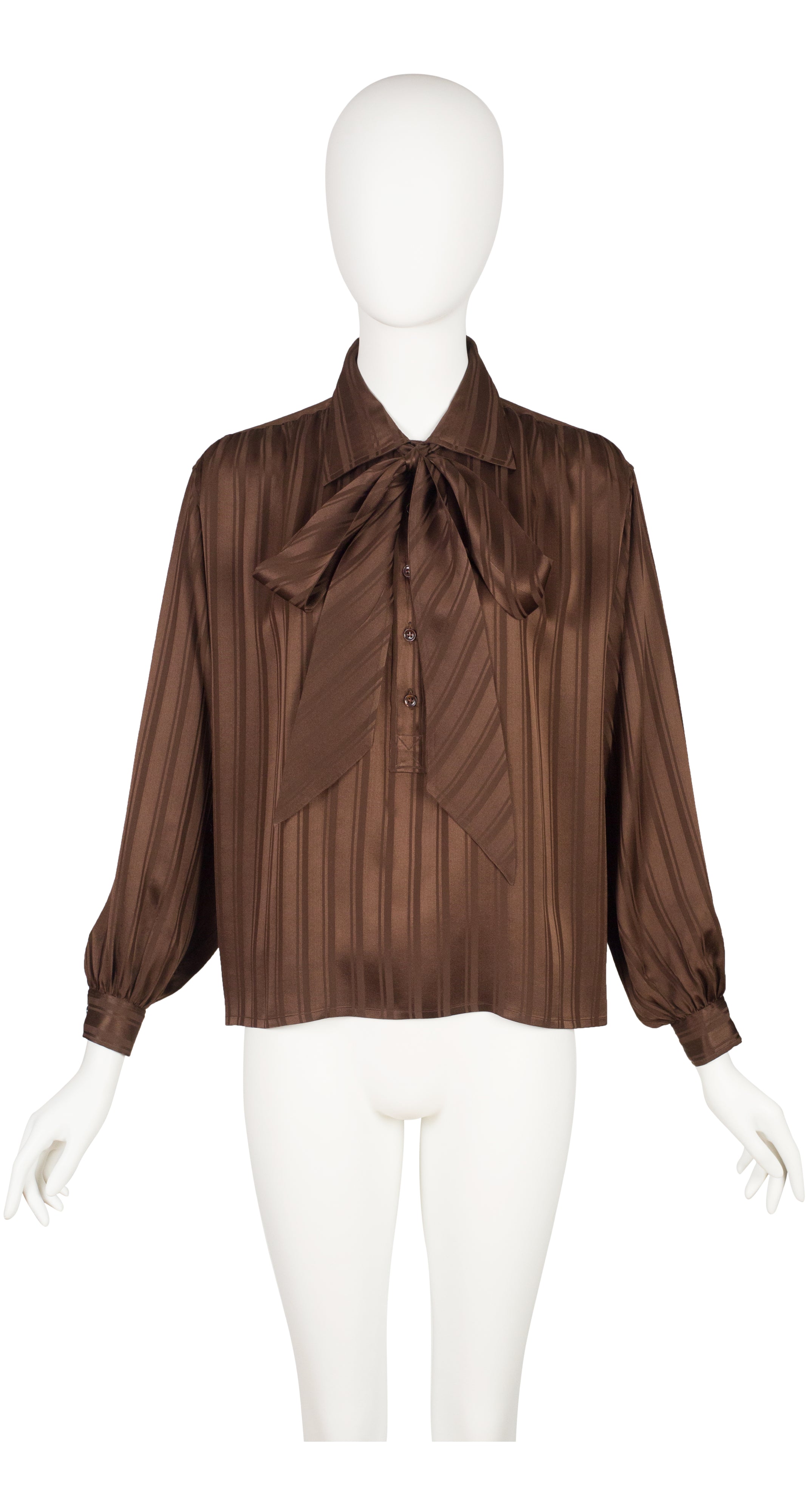 1980s Brown Silk Jacquard Collared Tie-Neck Blouse
