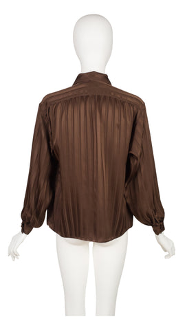 1980s Brown Silk Jacquard Collared Tie-Neck Blouse