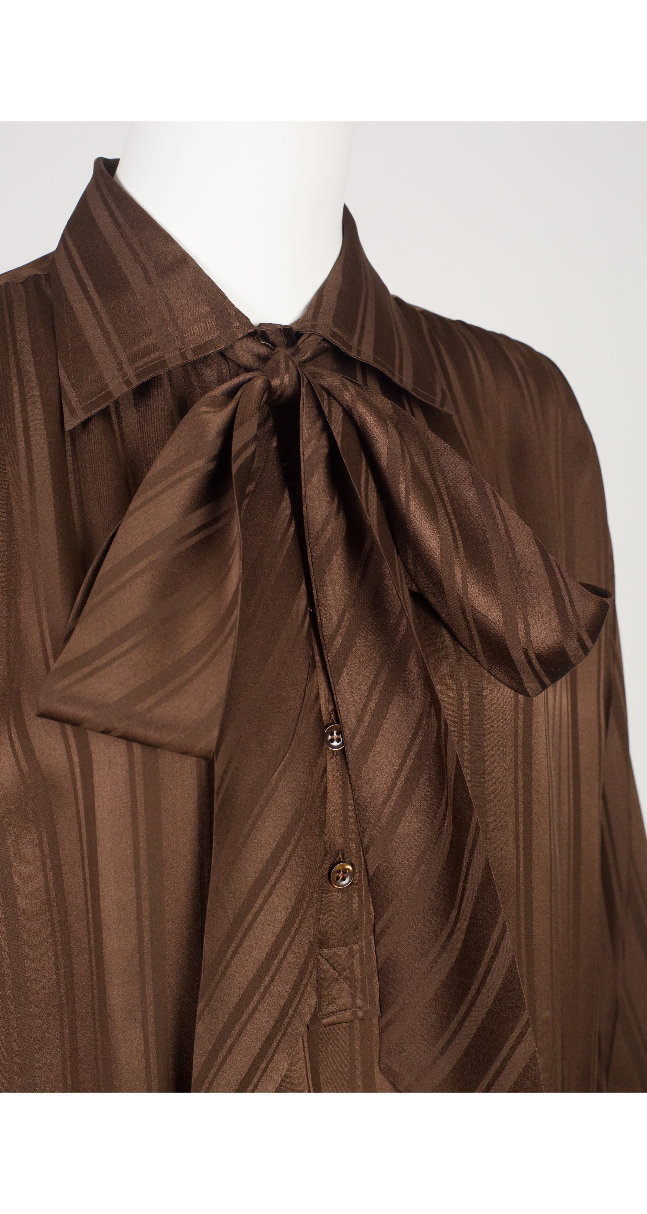 1980s Brown Silk Jacquard Collared Tie-Neck Blouse