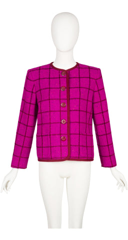 1990s Plaid Magenta Wool Bouclé Jacket